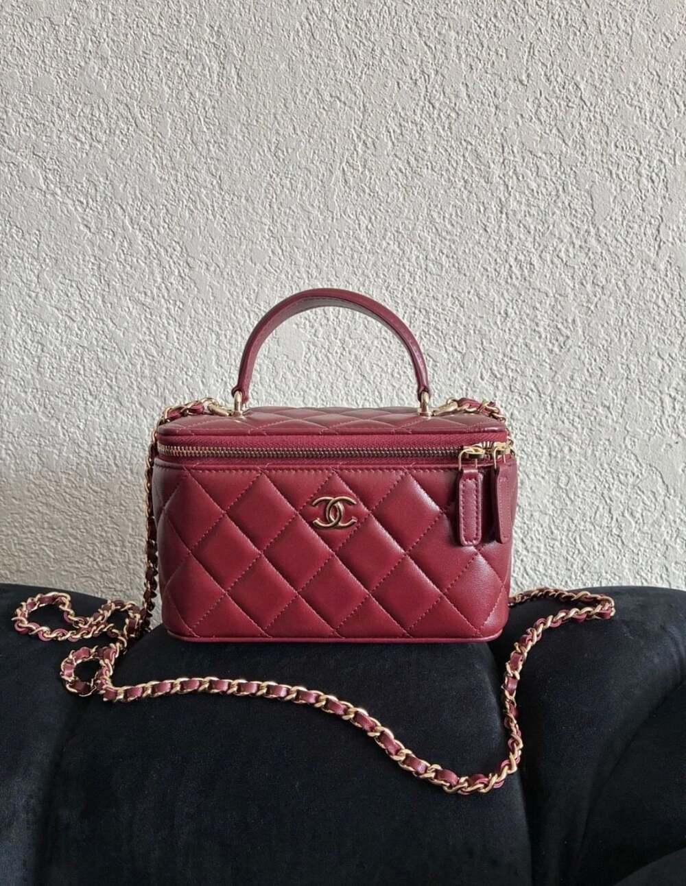Chanel Lambskin Quilted Small Top Handle Vanity Case with Chain Burgundy